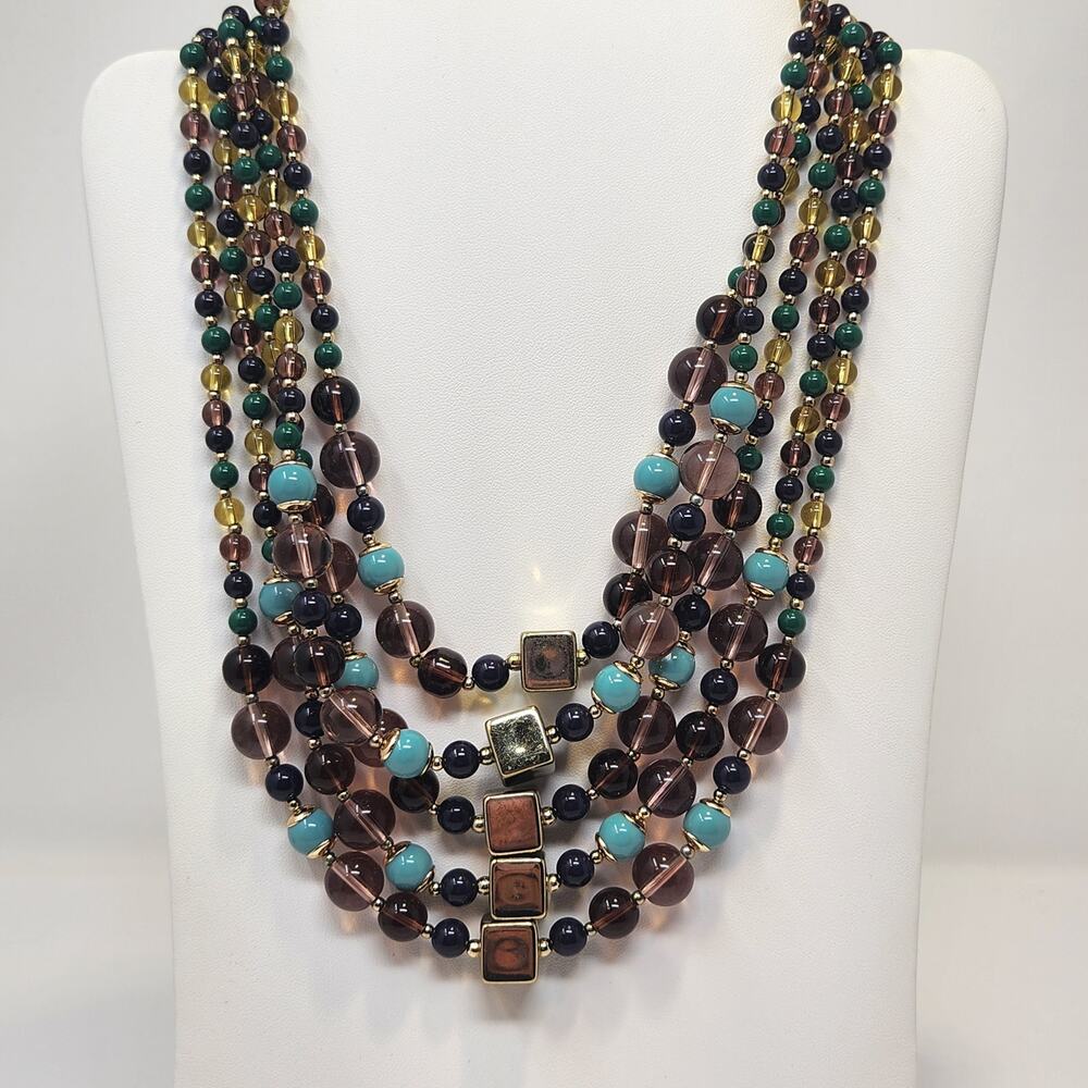 Talbots Multi Strand Glass Bead Necklace Blue Green Purple Gold Tone Statement